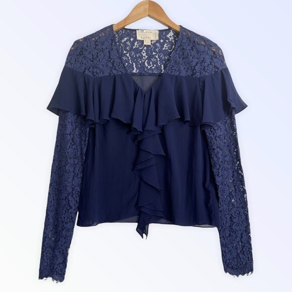 Nicole Miller Artelier Navy Blue Silk Ruffle Lace Blouse US Petite - Picture 4 of 5